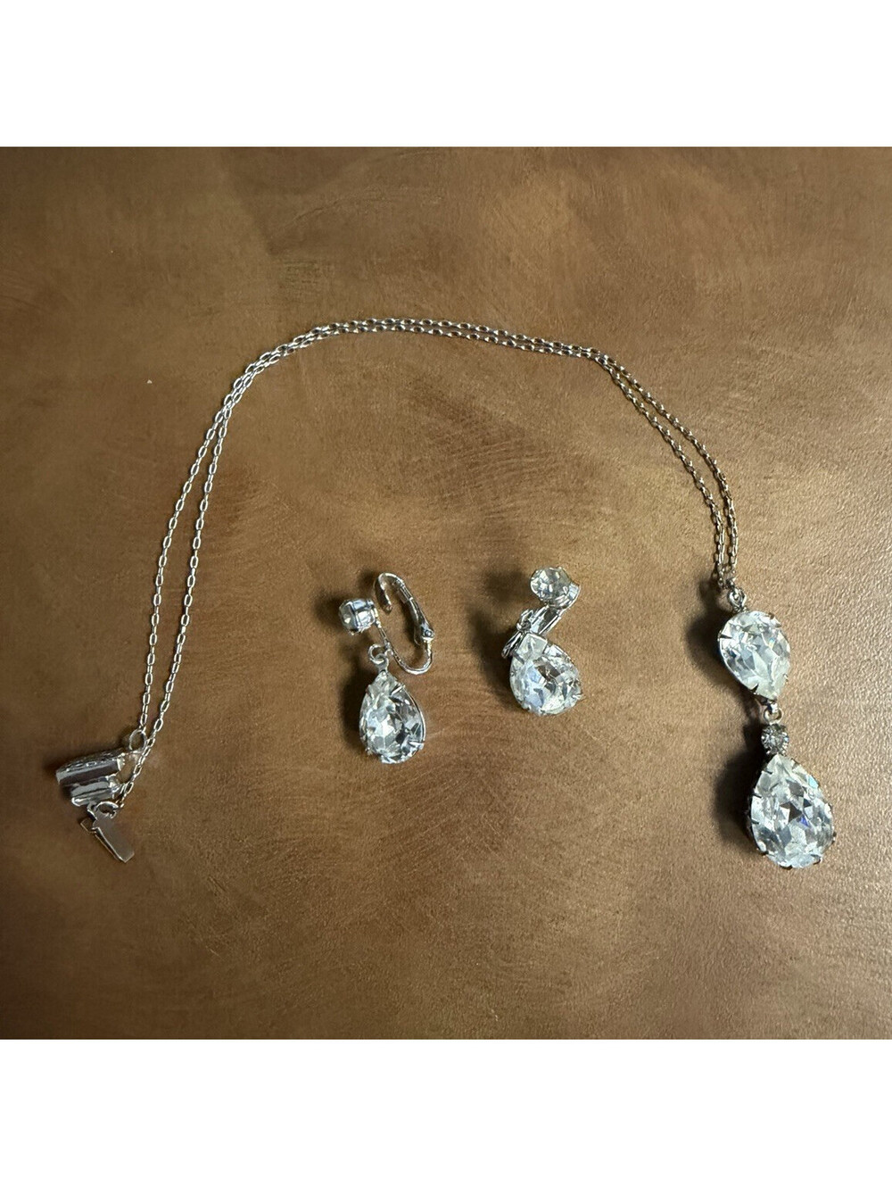 Vintage Clear Rhinestone Necklace & Clip-On Earrings Set Teardrop Bridal Wedding